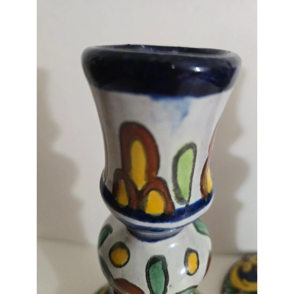 Vintage Hand Painted Ceramic Candlestick Holders Set of 2 Majolica Style‎ 7.5